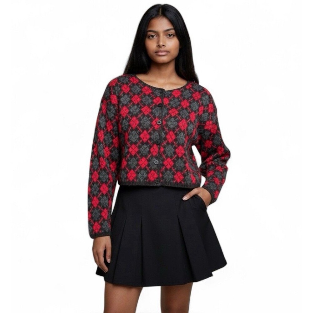 Vintage Sasson Cardigan Red Black Argyle Cropped 90s Preppy Y2K USA Sweater